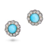 A PAIR OF TURQUOISE AND DIAMOND CLUSTER EARRINGS in white gold and silver, each set with a round ...
