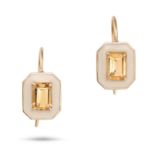 A PAIR OF CITRINE AND ENAMEL EARRINGS in 18ct yellow gold, each set with an octagonal step cut ci...