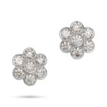 A PAIR OF DIAMOND CLUSTER EARRINGS in 18ct white gold, each set with a cluster of round brilliant...