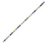 A MULTICOLOUR SAPPHIRE LINE BRACELET in 14ct white gold, set with a row of octagonal step cut blu...