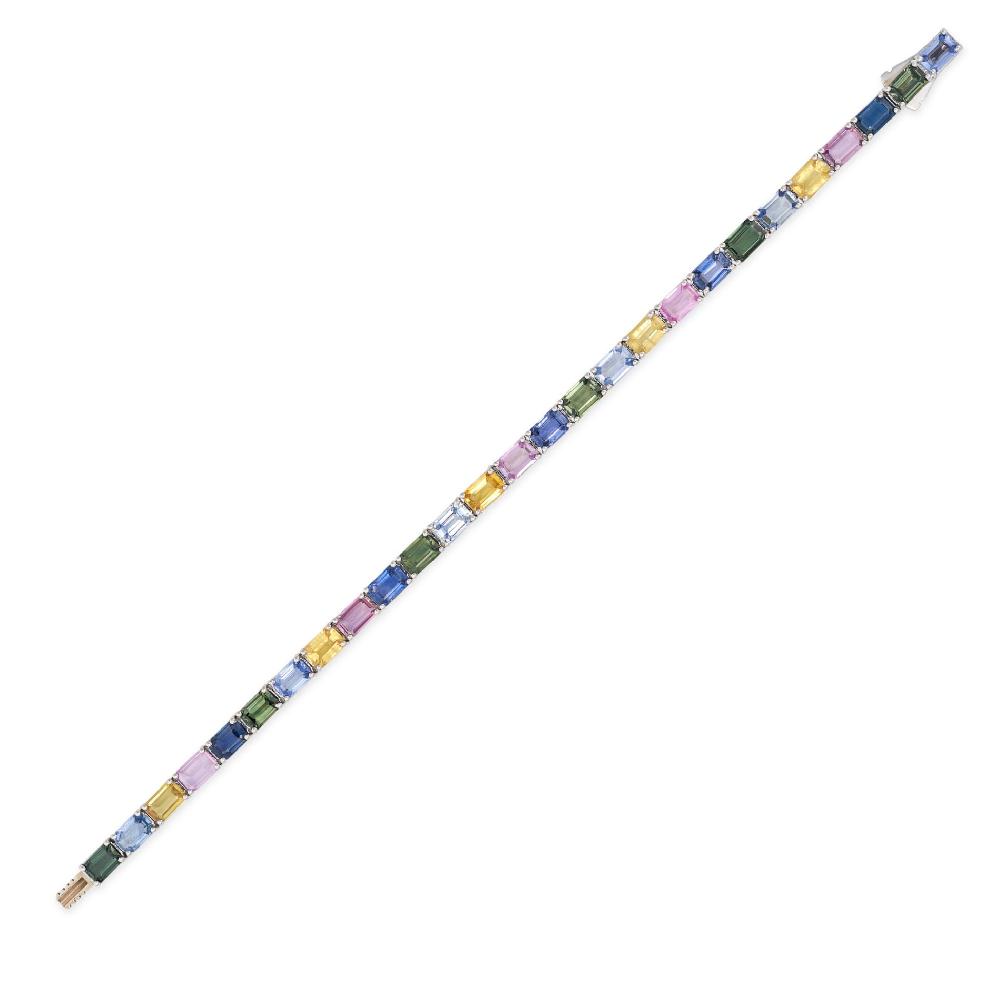 A MULTICOLOUR SAPPHIRE LINE BRACELET in 14ct white gold, set with a row of octagonal step cut blu...