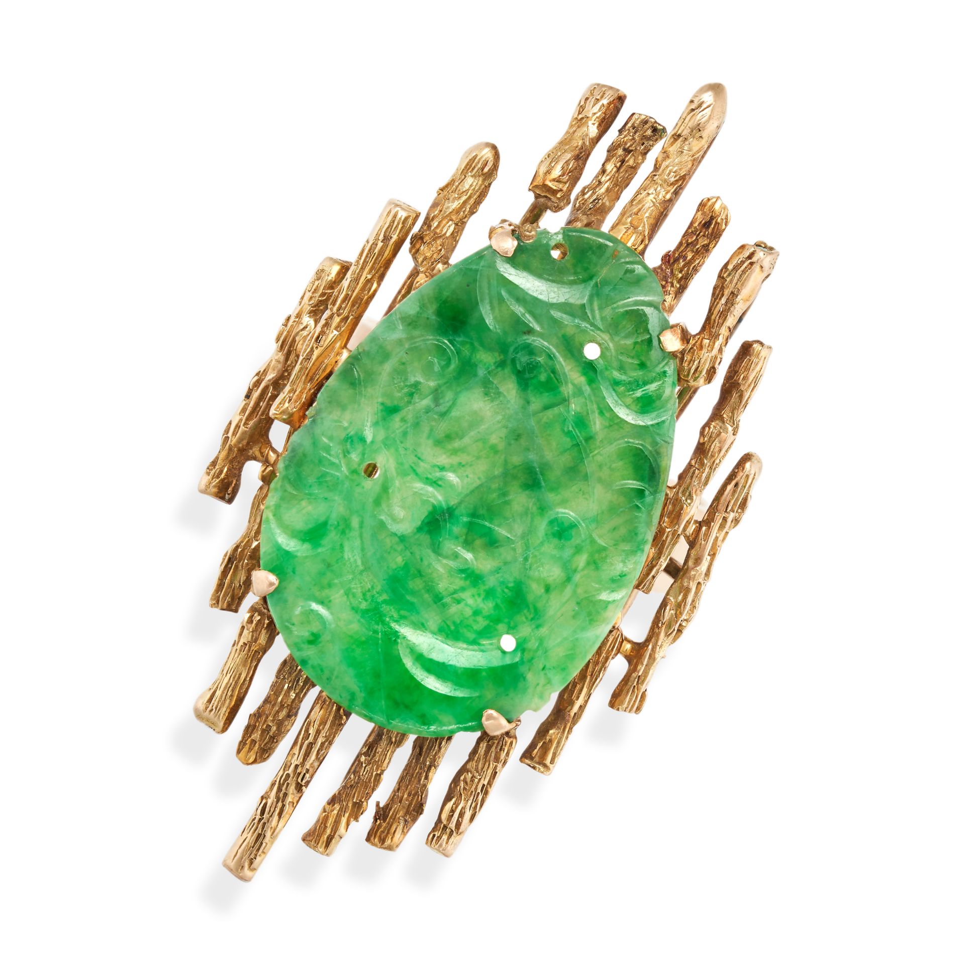 A JADEITE JADE DRESS RING in 14ct yellow gold, the modernist ring set with a slice of carved jade...