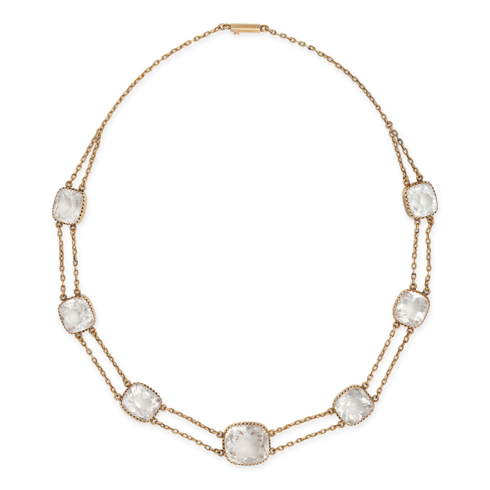 AN ANTIQUE ROCK CRYSTAL NECKLACE in yellow gold, comprising two rows of trace chains set with sev...