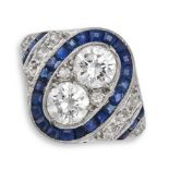 A SAPPHIRE AND DIAMOND DRESS RING in platinum, set with two round brilliant cut diamonds totallin...