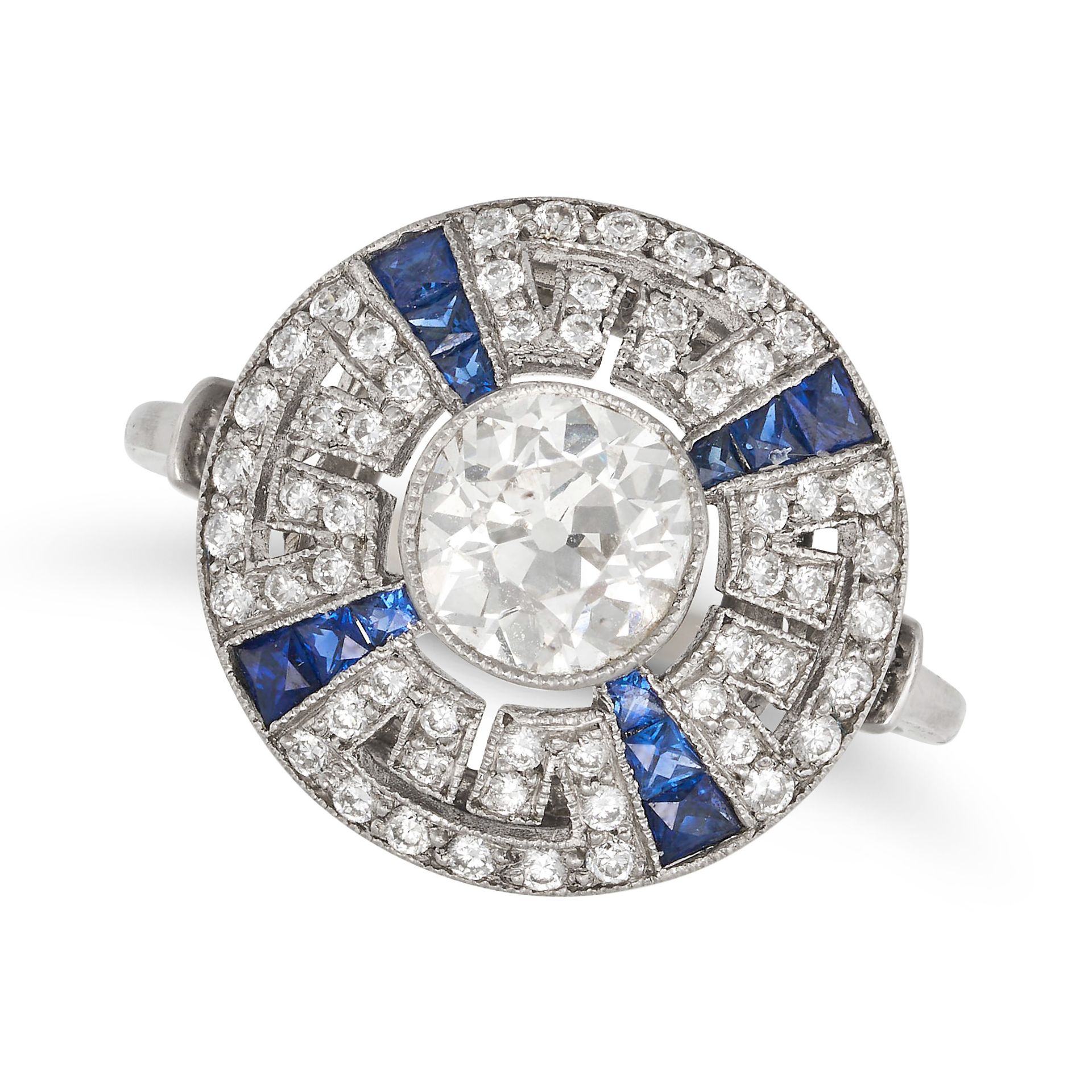 A DIAMOND AND SAPPHIRE TARGET RING in platinum, set with an old European cut diamond of approxima...