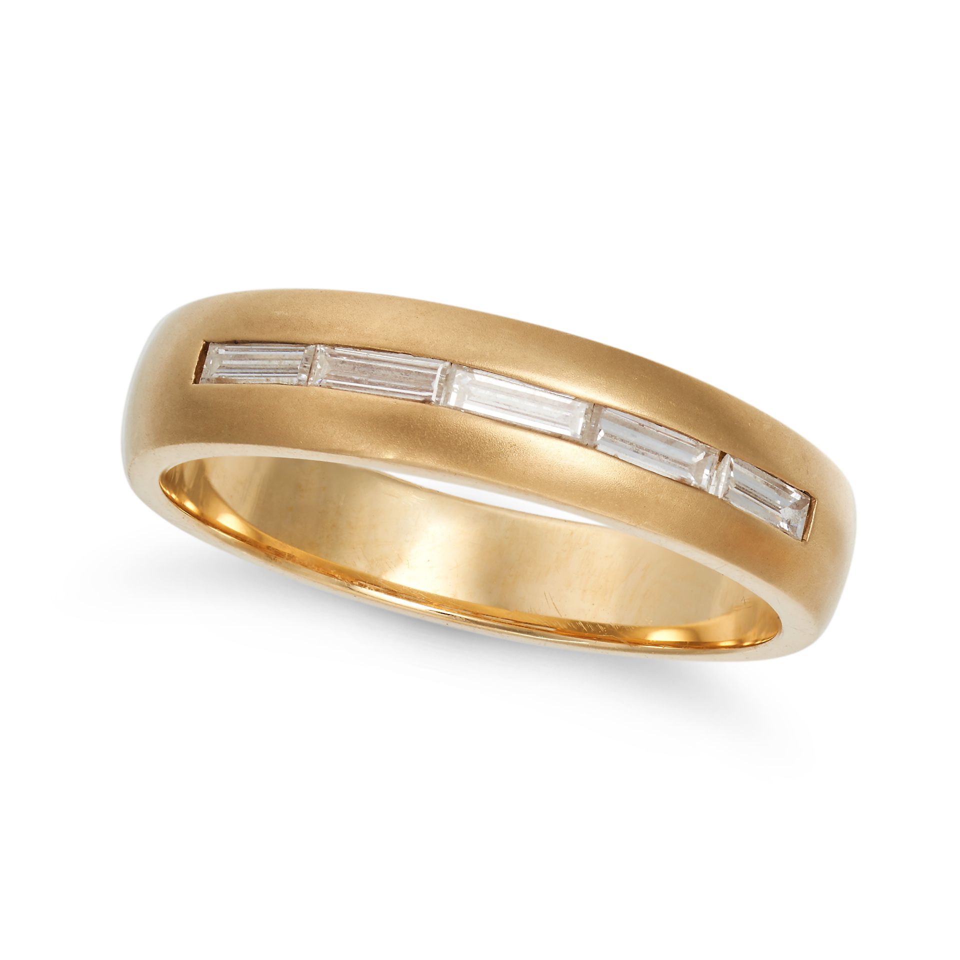 A DIAMOND BAND RING in 18ct yellow gold, set with a row of baguette cut diamonds, stamped 750, si...