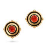 THEO FENNELL, A PAIR OF FIRE OPAL AND ENAMEL CLIP EARRINGS in 18ct yellow gold, each set with a c...