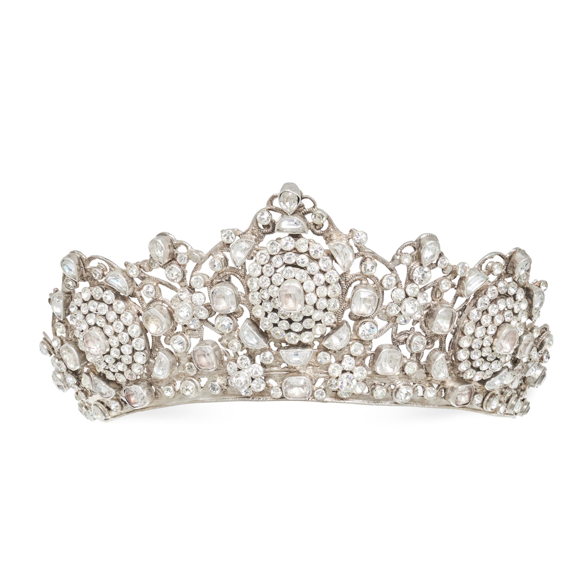 A PASTE TIARA set with clusters of paste stones, accented throughout with round, cushion, and hal...