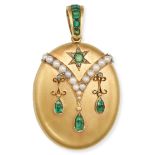 AN ANTIQUE EMERALD AND PEARL LOCKET PENDANT in yellow gold, the oval hinged locket with an applie...
