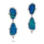 A PAIR OF BLACK OPAL DOUBLET AND DIAMOND DROP EARRINGS in 18ct white gold, each set with a black ...