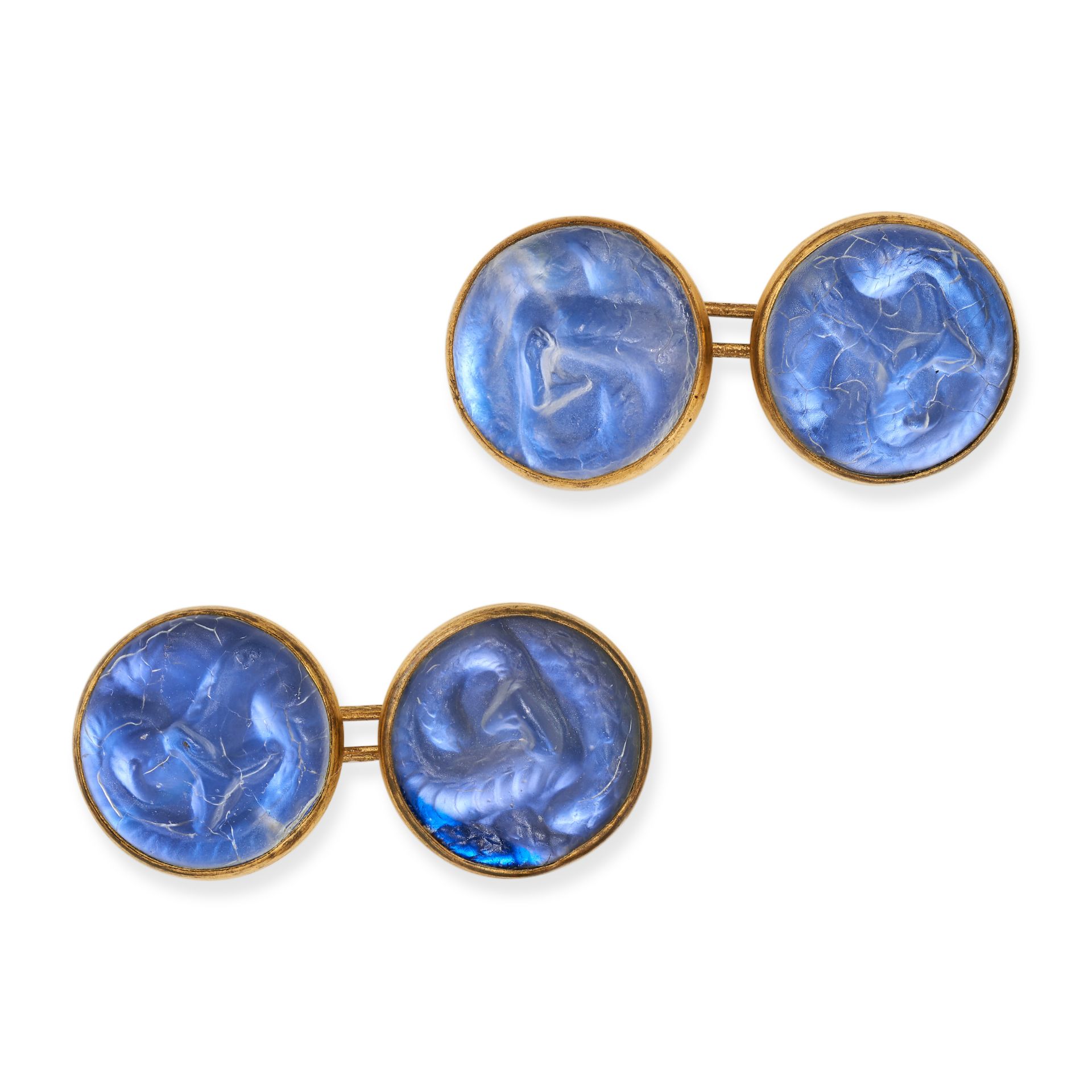 LALIQUE, A PAIR OF GLASS COBRA CUFFLINKS each comprising a circular glass moulded as a coiled cob...