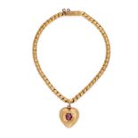 AN ANTIQUE GARNET HEART LOCKET BRACELET in yellow gold, comprising a snake link bracelet suspendi...