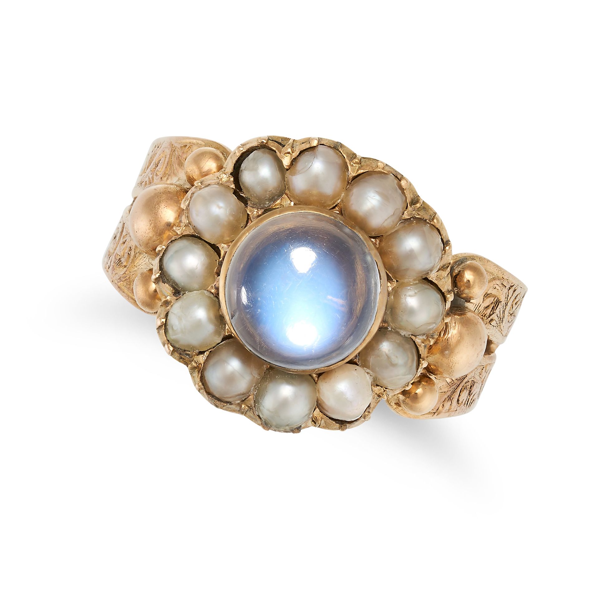 AN ANTIQUE MOONSTONE AND PEARL CLUSTER RING in yellow gold, set with a round cabochon moonstone i...