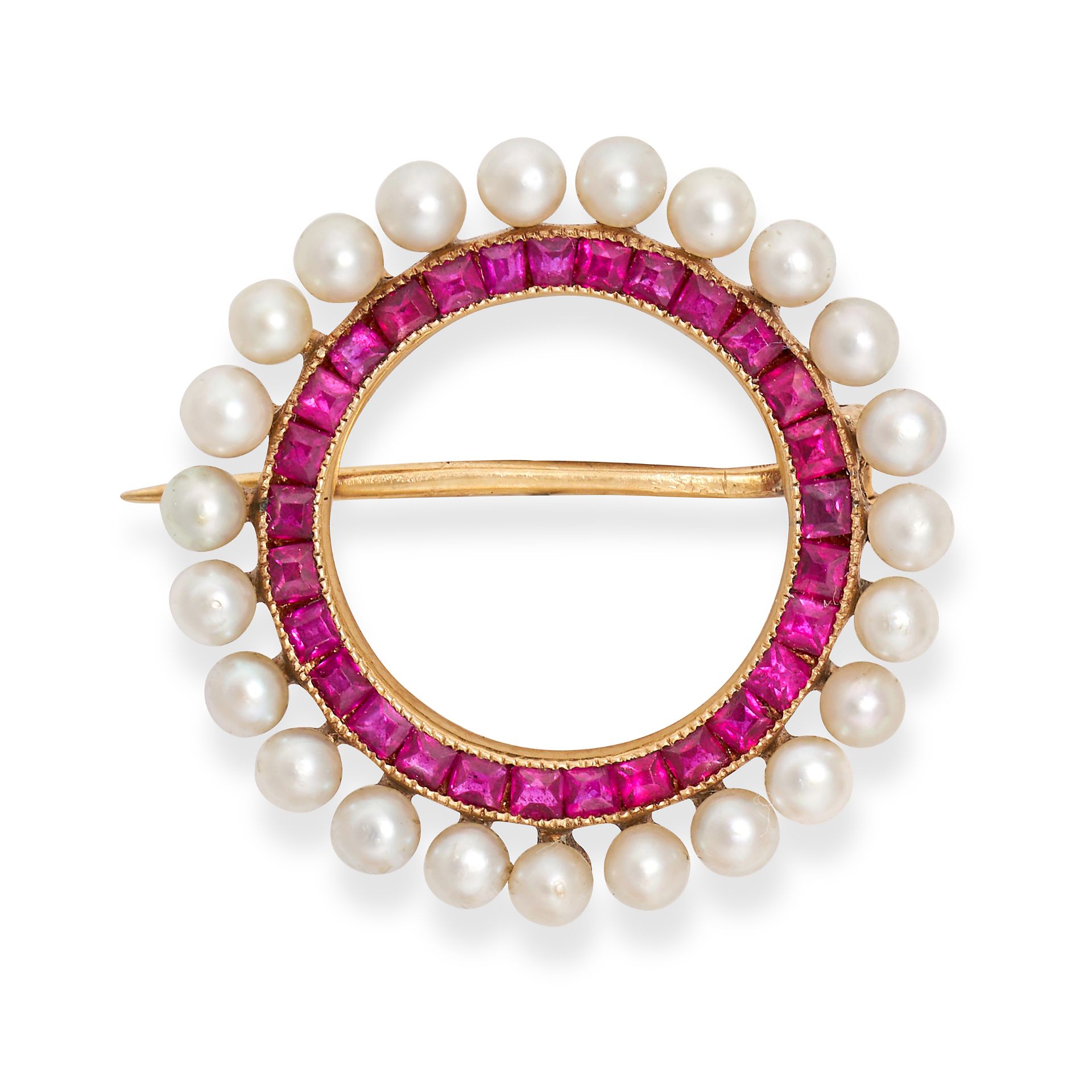 AN ANTIQUE RUBY AND PEARL CIRCLE BROOCH in yellow gold, designed as a circle set with calibre cut...