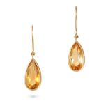 A PAIR OF CITRINE DROP EARRINGS in 18ct yellow gold, each suspending a pear cut citrine drop, sta...