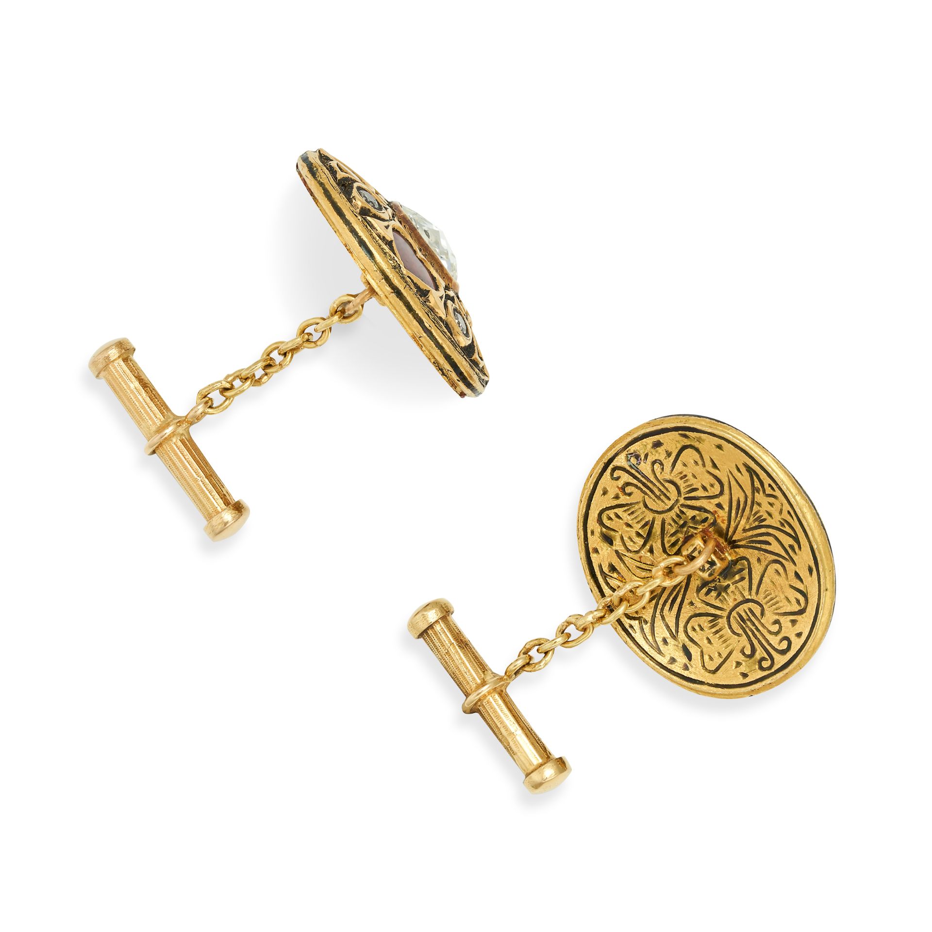 A PAIR OF INDIAN ENAMEL, RUBY AND DIAMOND CUFFLINKS in 22ct yellow gold, set with rose cut diamon... - Image 2 of 2