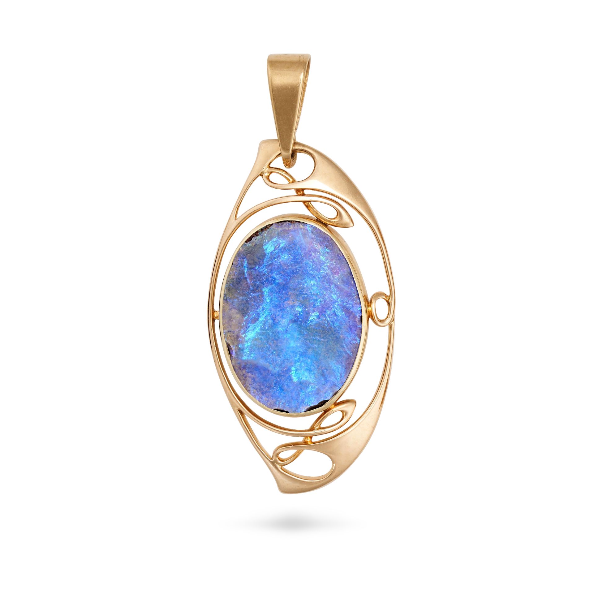 MURRLE BENNET, AN ANTIQUE BOULDER OPAL DOUBLET PENDANT in 15ct yellow gold, the scrolling pendant...