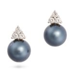 A PAIR OF BLACK PEARL AND DIAMOND EARRINGS in 18ct yellow gold, each set with a trio of round bri...