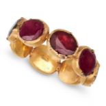 A GARNET ETERNITY RING in yellow gold, set all around with a row of oval cut garnets, no assay ma...