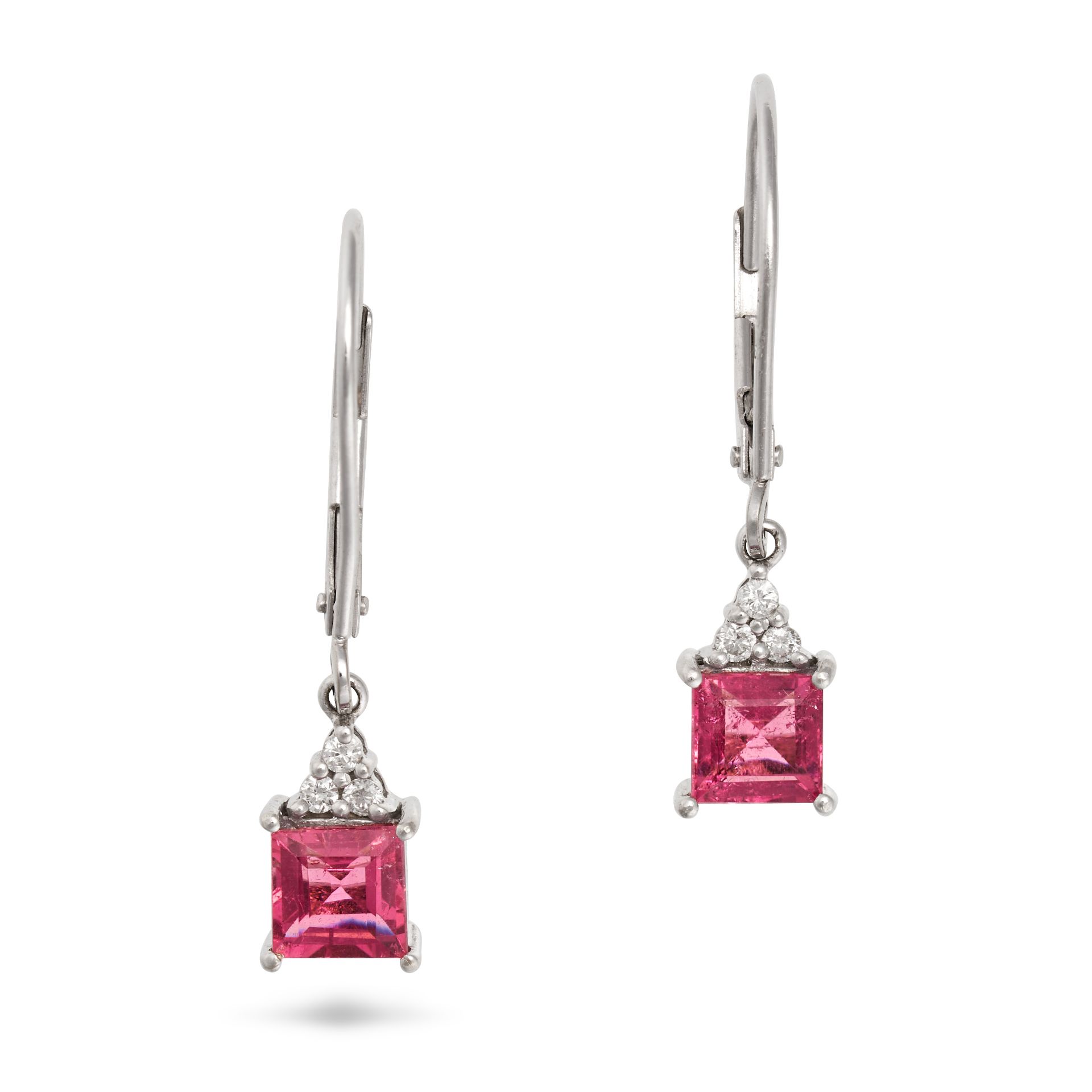 NO RESERVE - A PAIR OF PINK TOURMALINE AND DIAMOND DROP EARRINGS in 18ct white gold, each set wit...