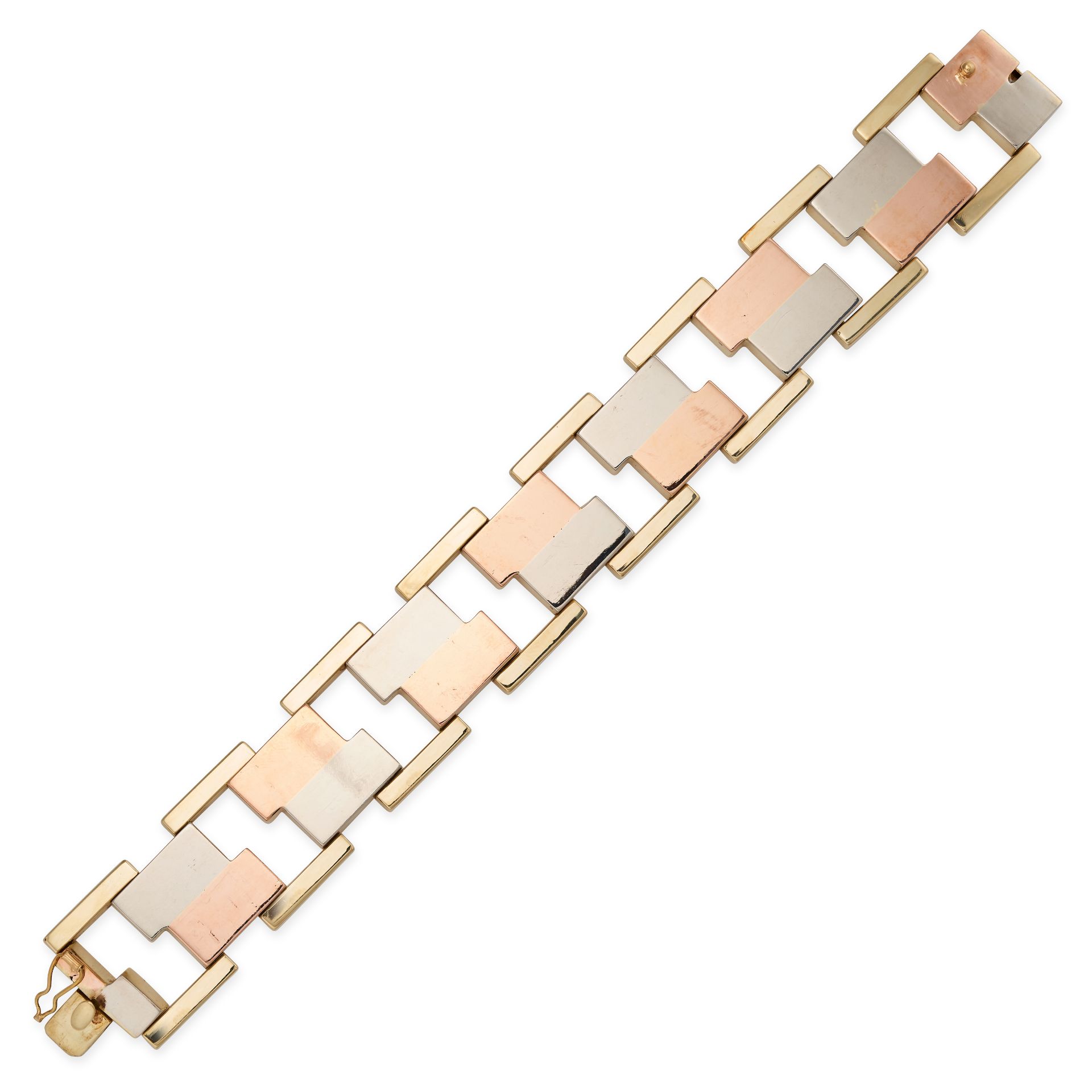 A TRICOLOUR GOLD BRACELET in yellow, rose and white gold, comprising a row of rectangular and ope...