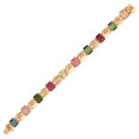 A MULTICOLOUR TOURMALINE BRACELET in yellow gold, the fancy link bracelet set with octagonal step...