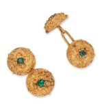 A PAIR OF ANTIQUE EMERALD CUFFLINKS in yellow gold, each domed link set with a step cut emerald a...
