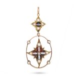 AN ANTIQUE BANDED AGATE AND PEARL PENDANT in yellow gold, set with a polished banded agate bead i...