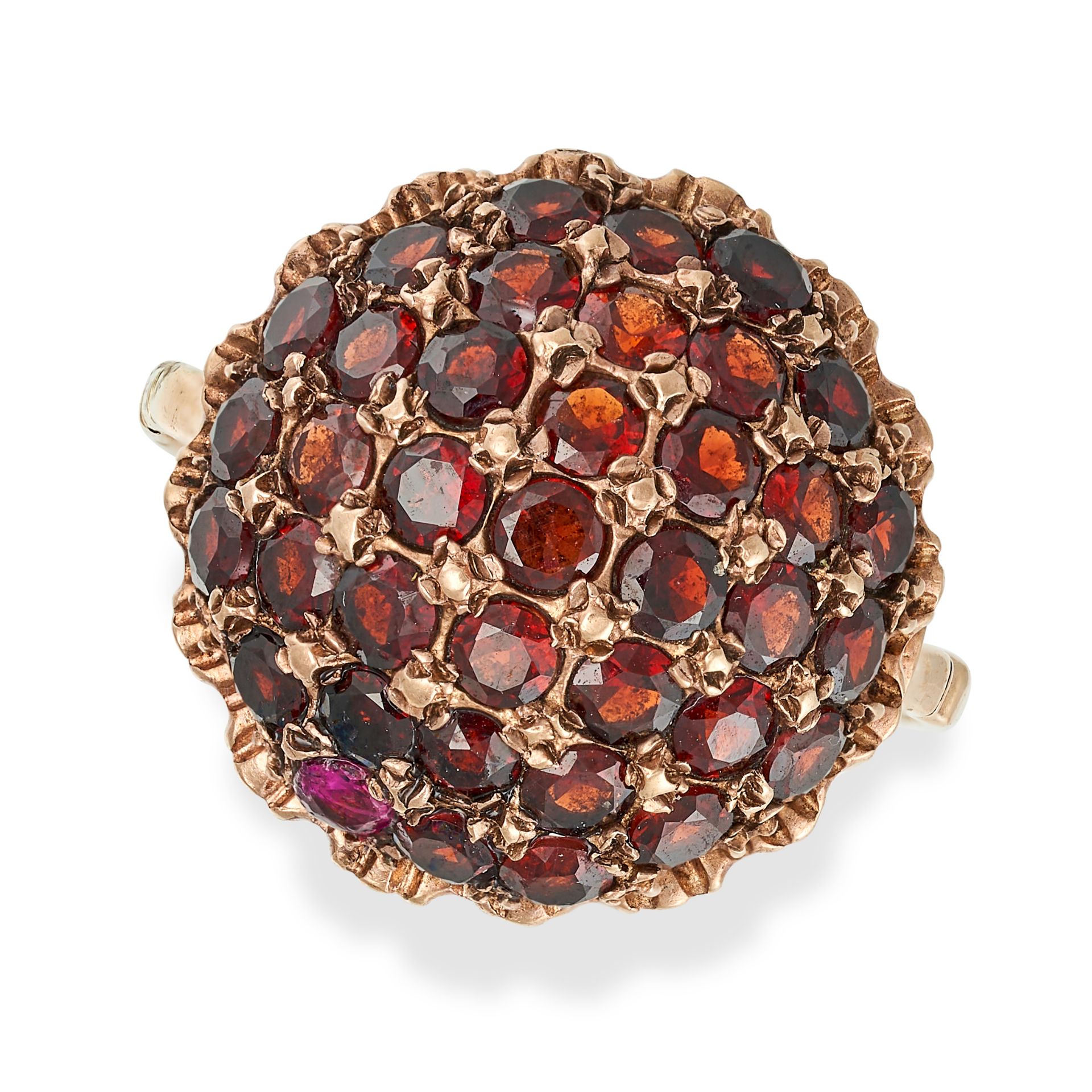 A VINTAGE GARNET CLUSTER RING in 9ct yellow gold, the bombe style ring set with round cut garnets...