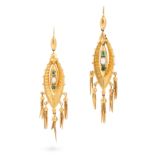 NO RESERVE - A PAIR OF ANTIQUE ETRUSCAN REVIVAL EMERALD AND PEARL DROP EARRINGS in yellow gold, e...