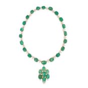 AN EMERALD AND DIAMOND NECKLACE in yellow gold, comprising a row of alternating Mughul carved eme...