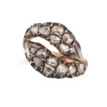 AN ANTIQUE DIAMOND AND RUBY SNAKE RING in silver and yellow gold, designed as two coiled snakes s...