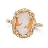 A SHELL CAMEO RING in 9ct yellow gold, set with a shell cameo carved to depict the profile of a l...