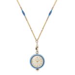 BUCHERER, AN ANTIQUE ENAMEL POCKET WATCH, CHAIN AND BROOCH in gold plated silver, the circular di...