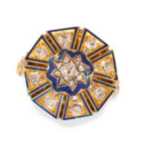 AN ANTIQUE DIAMOND AND ENAMEL RING in yellow gold, set with a star shaped cluster of old and rose...