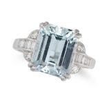 AN AQUAMARINE AND DIAMOND RING in 18ct white gold, set with an octagonal step cut aquamarine of 3...