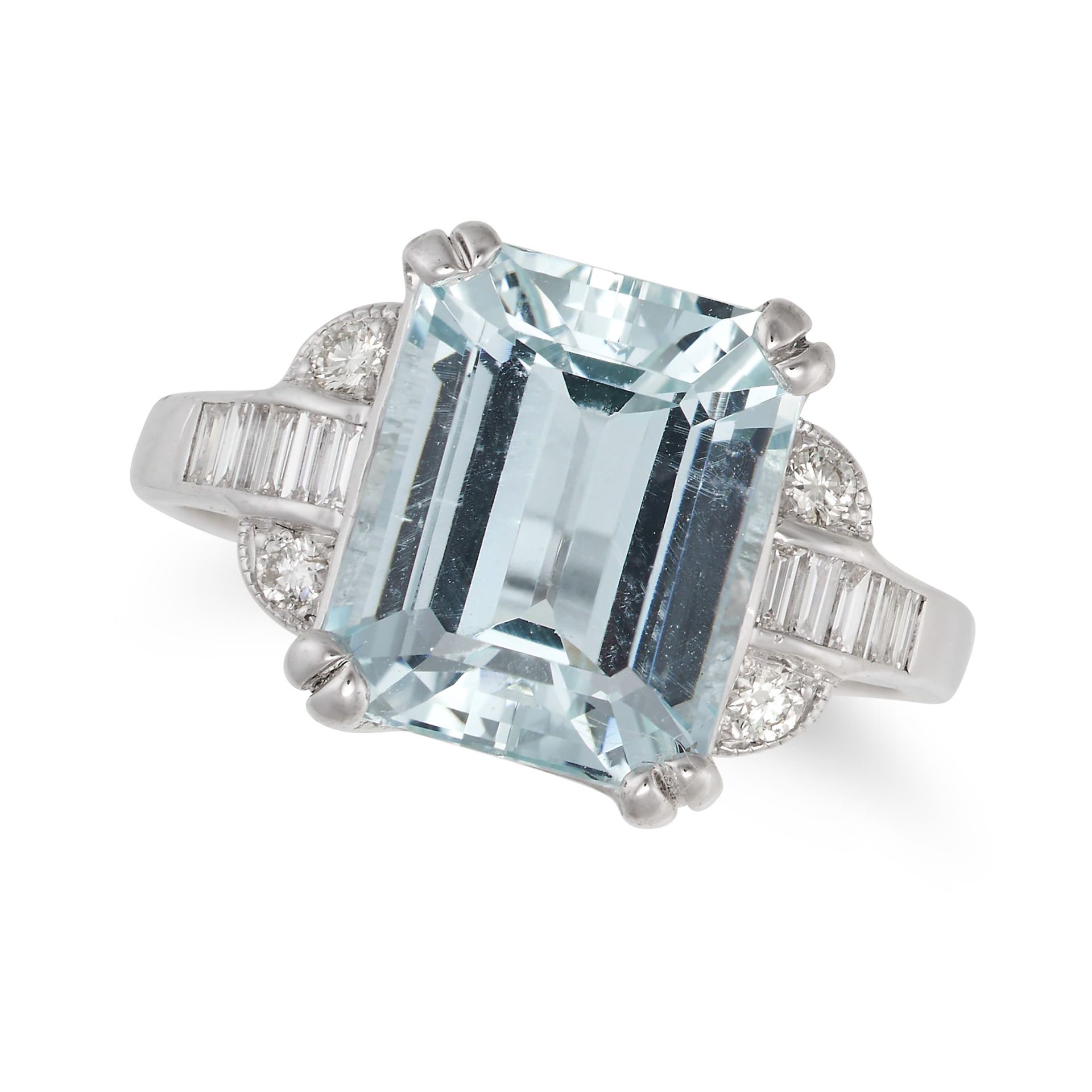 AN AQUAMARINE AND DIAMOND RING in 18ct white gold, set with an octagonal step cut aquamarine of 3...