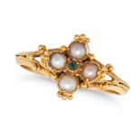 AN ANTIQUE PEARL AND EMERALD RING in yellow gold, set with a round cut emerald in a cluster of pe...