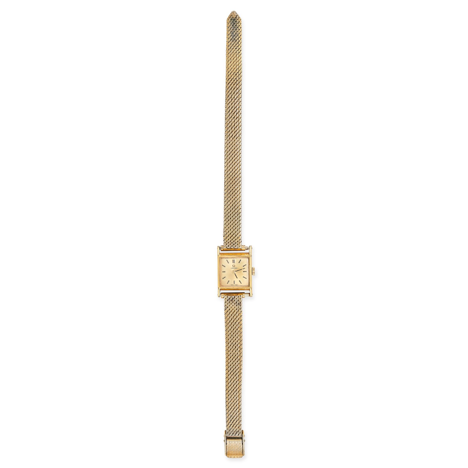 NO RESERVE - OMEGA, A LADIES DRESS WATCH in gold plate, with a gold silvered square dial, to a wo...