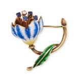 CARTIER, A SAPPHIRE, DIAMOND AND ENAMEL FLOWER BROOCH in 14ct yellow gold, set to the centre with...
