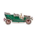 AN ANTIQUE ENAMEL, DIAMOND AND RUBY MOTOR CAR BROOCH in yellow gold and silver, designed as a mot...