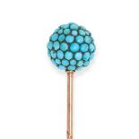 AN ANTIQUE TURQUOISE STICK PIN in yellow gold, comprising a sphere pave set with round cabochon t...