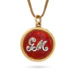 AN ANTIQUE DIAMOND AND ENAMEL PENDANT NECKLACE in yellow gold, the circular pendant relieved in r...