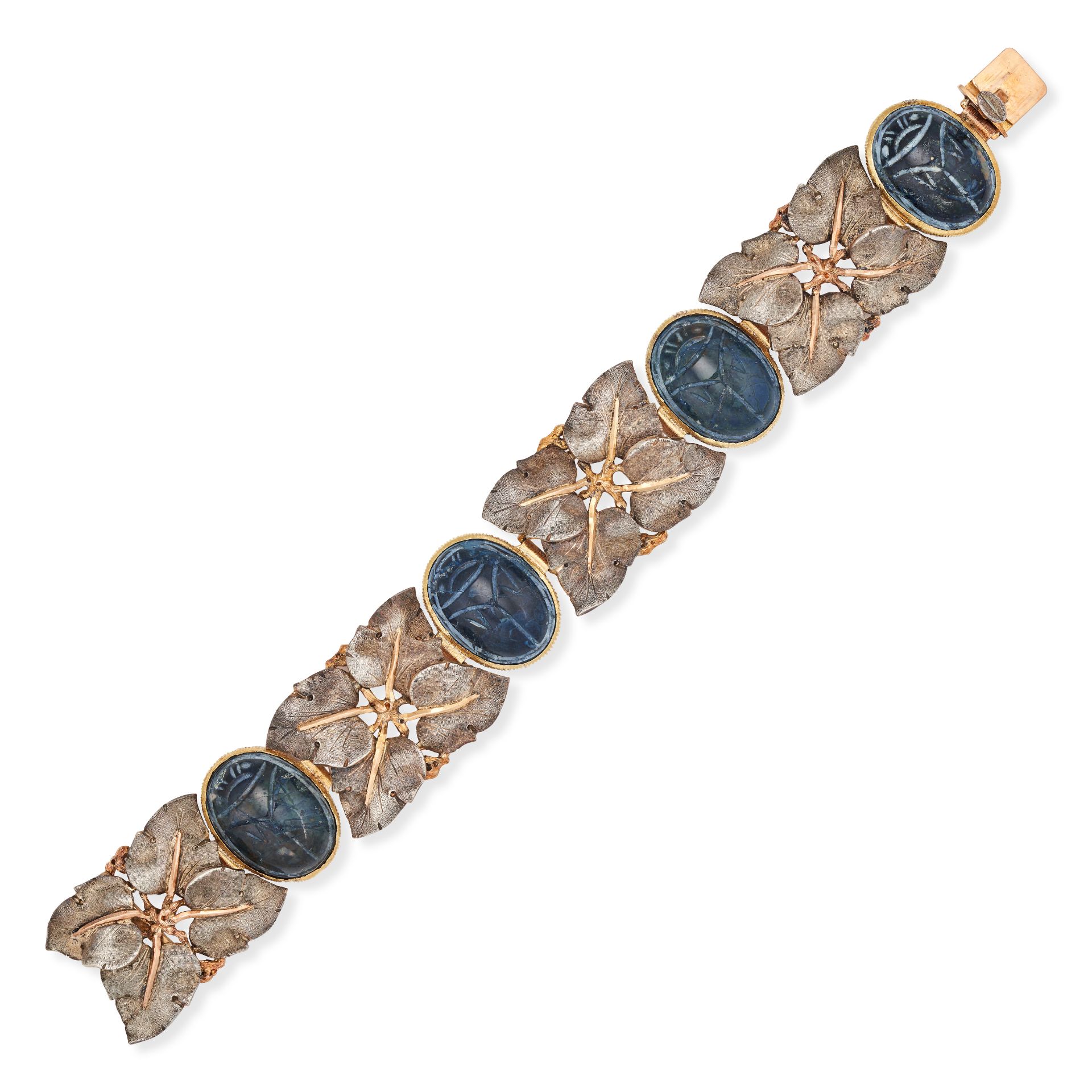 BUCCELLATI, A SCARAB BEETLE BRACELET, 1960S in yellow gold and silver, set with a row of carved b...