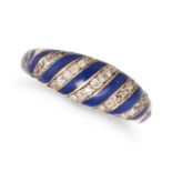 AN ANTIQUE DIAMOND AND ENAMEL MOURNING RING in yellow gold, set with rows of old cut diamonds acc...