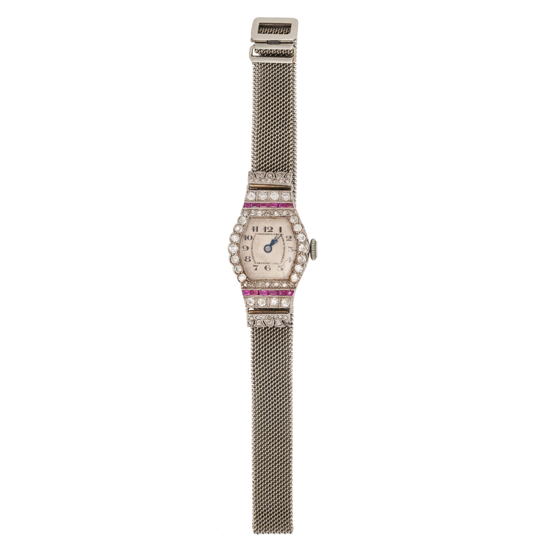 AN ART DECO RUBY AND DIAMOND COCKTAIL WATCH in platinum, the off-white tonneau dial with guilloch... - Image 2 of 2