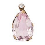 A KUNZITE AND DIAMOND PENDANT in yellow gold, set with a round brilliant cut diamond of approxima...