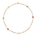 A MULTIGEM NECKLACE in 18ct yellow gold, comprising a curb and fancy link chain set with an oval ...