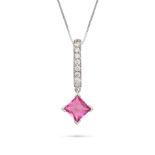 A PINK TOURMALINE AND DIAMOND PENDANT NECKLACE in 18ct white gold, the pendant comprising a row o...