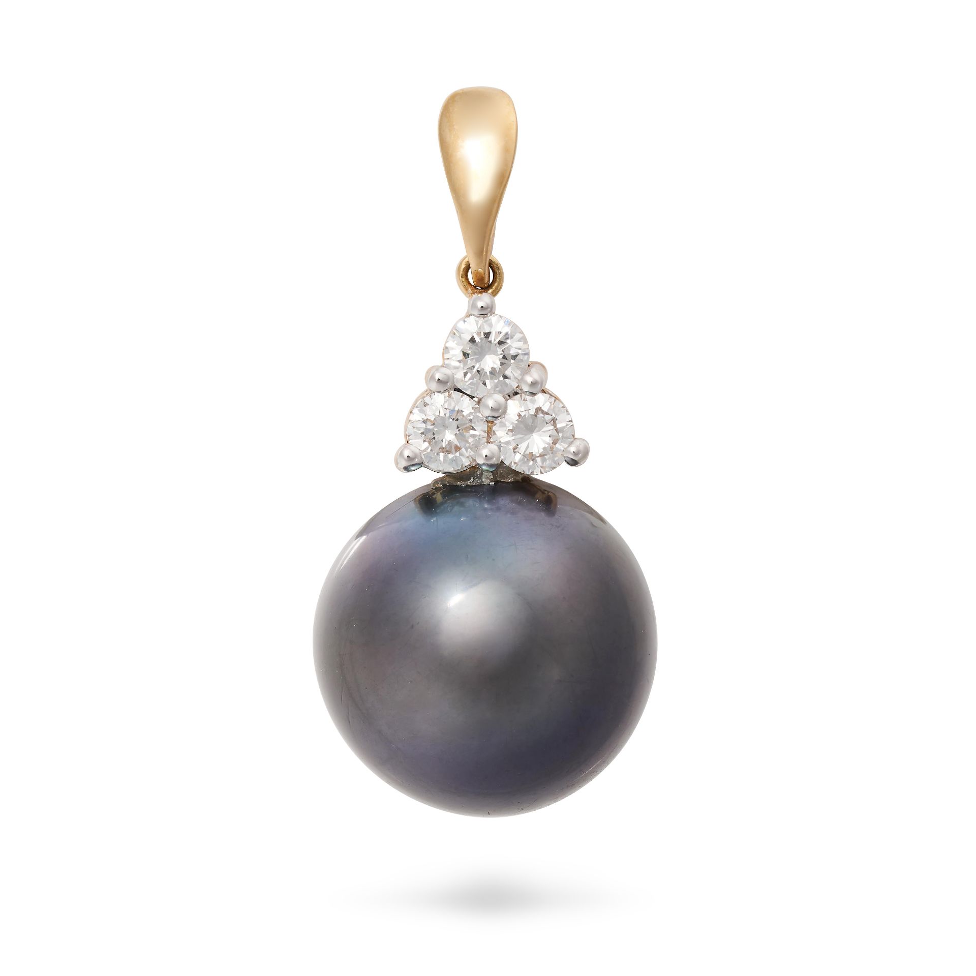 A BLACK PEARL AND DIAMOND PENDANT in 18ct yellow gold, set with a trio of round brilliant cut dia...